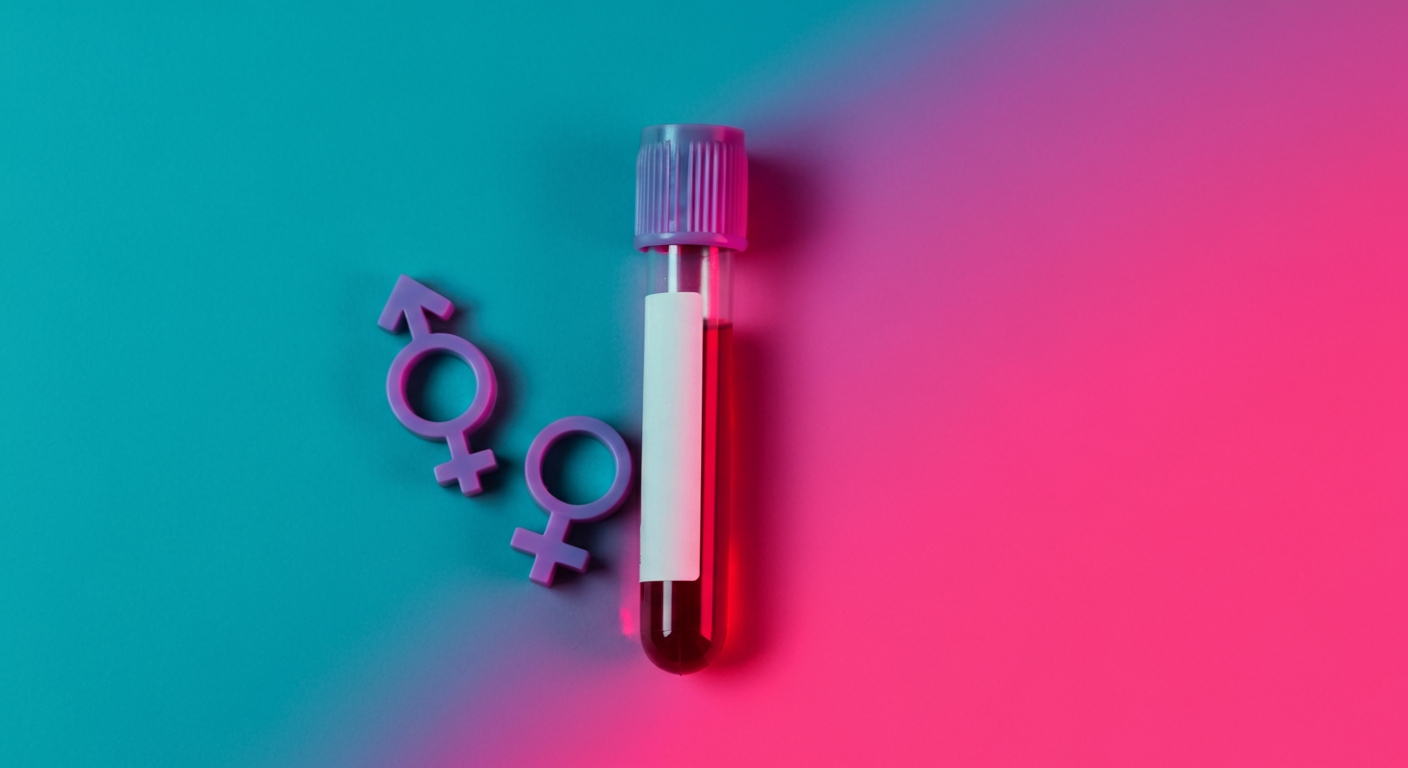 Blood sample tube with gender symbols representing early gender blood testing for pregnancy confirmation.